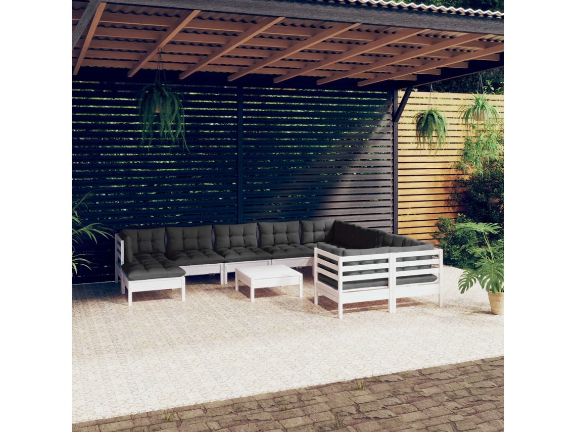 11 Pcs Conjunto Lounge De Jardim C/ Almofadões Pinho Branco Dkd Home Decor