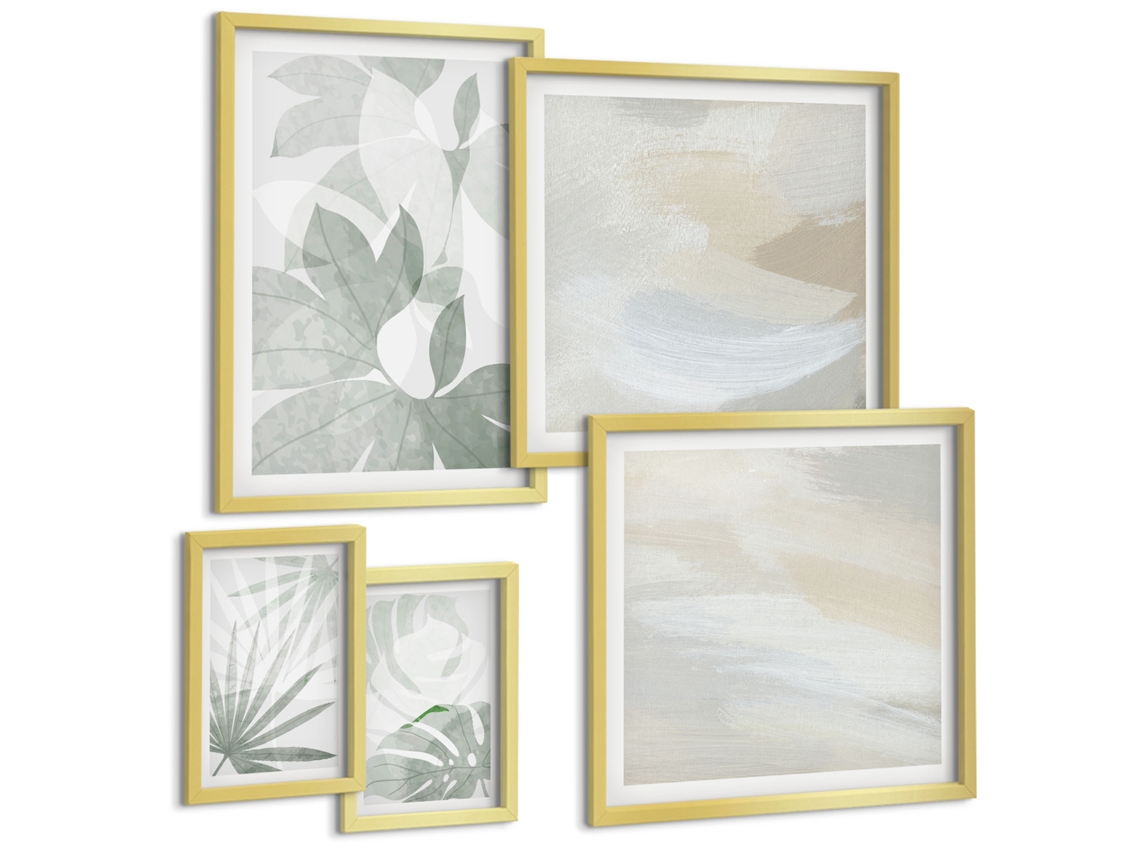 Conjunto De Pinturas Motivos Vegetais Cinza E Branco Espelharte (5 Peças)