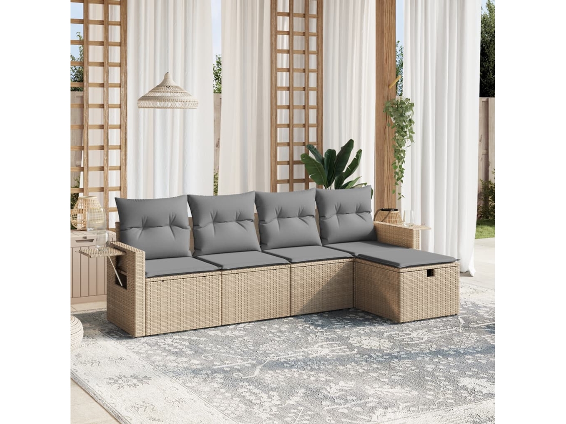 Vidaxl 5 Pcs Conj. Sofás Jardim C/ Almofadões Vime Pe Bege Misturado