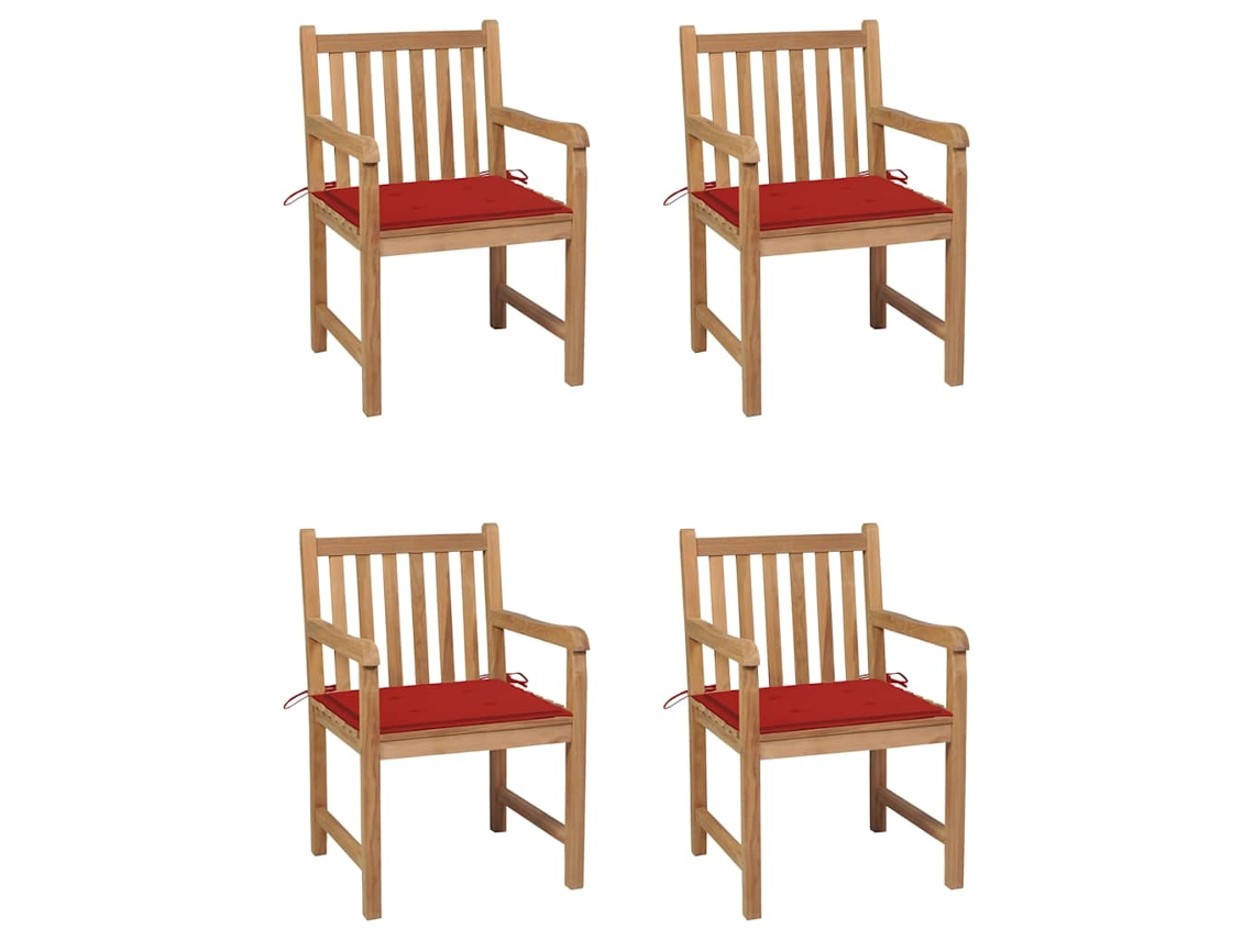 Vidaxl Cadeiras De Jardim C/ Almofadões Vermelhos 4 Pcs Teca Maciça