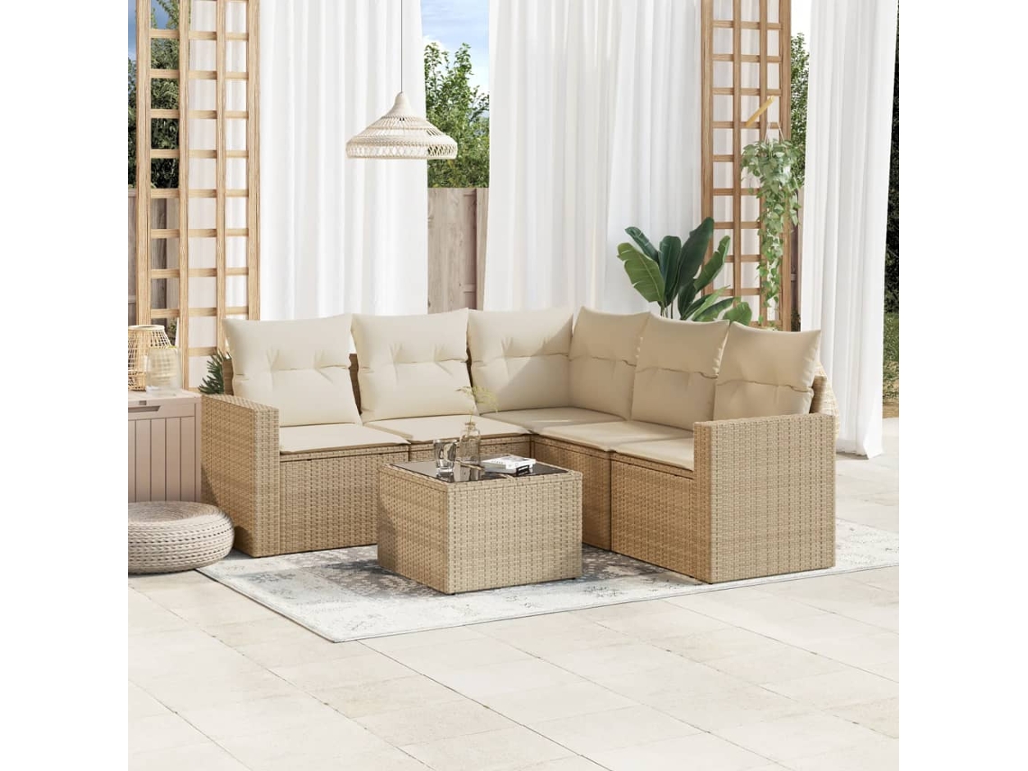 Vidaxl 6 Pcs Conjunto De Sofás P/ Jardim Com Almofadões Vime Pe Bege