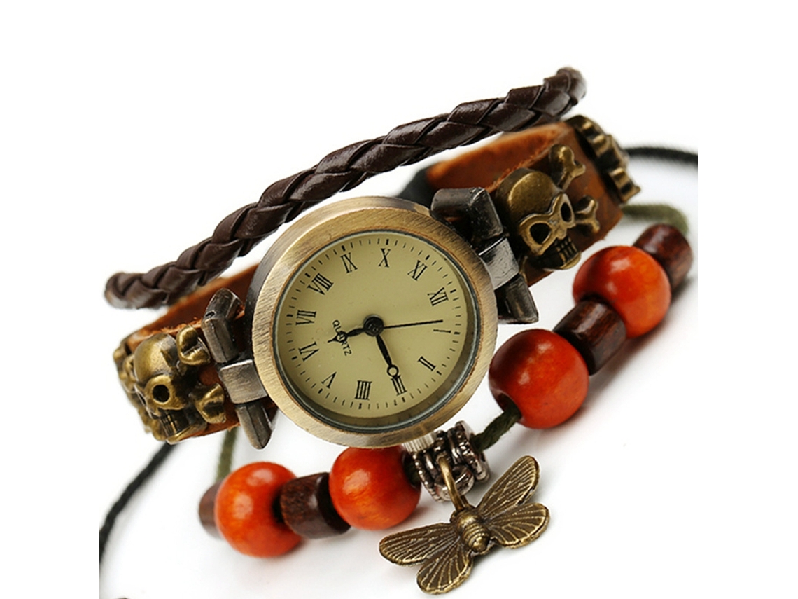 Relógio de Pulsera Unissex Vintage de Couro com Camadas Múltiplas e Movimento Quartz