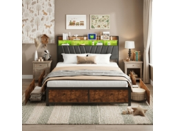 Cama de Casal com 4 Gavetas, 140x200cm, Madeira e Metal, Cabeceira com Estantes, Luzes Led, USB, Preto SIMURQ
