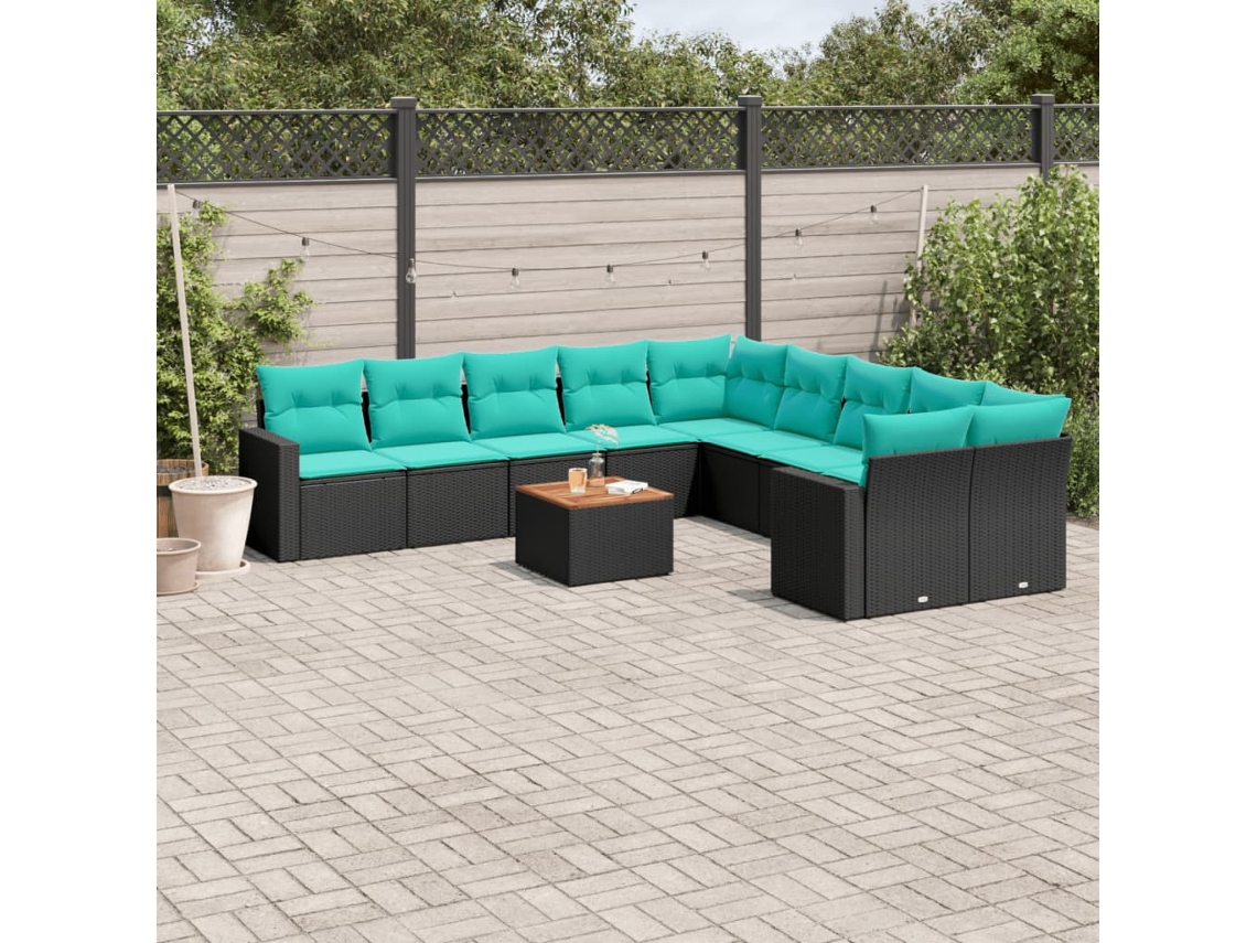 Vidaxl 11 Pcs Conjunto Sofás De Jardim C/ Almofadões Vime Pe Preto