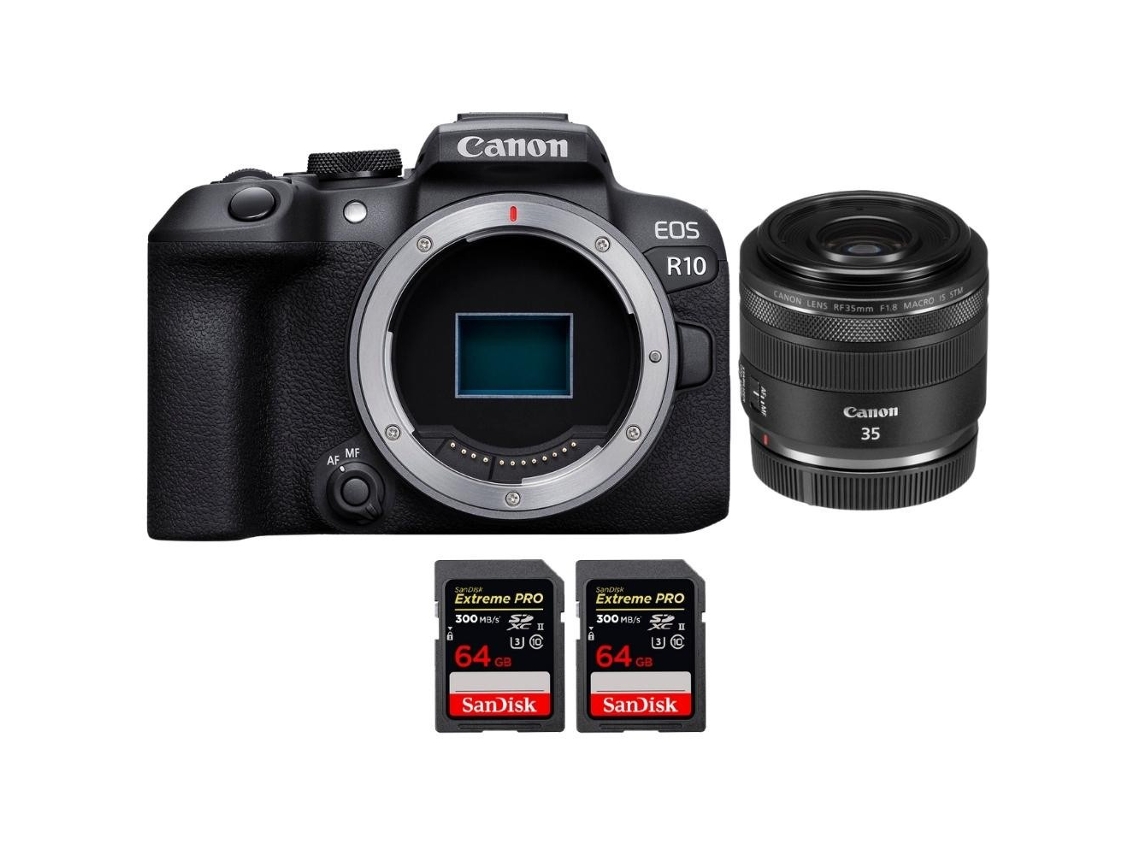 Eos R10 + Rf 35mm F1.8 Is Macro Stm + 2 Sandisk 64gb Uhs ii 300mb/s Máquina Fotográfica Híbrida Aps c + Ebook Pricedirect CANON
