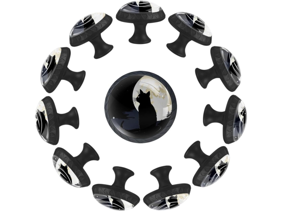 Puxadores E Botões Redondos Para Gavetas Armários, Conjunto De 12 Peças, Com Desenho De Gato Preto E Lua, Ideais Para