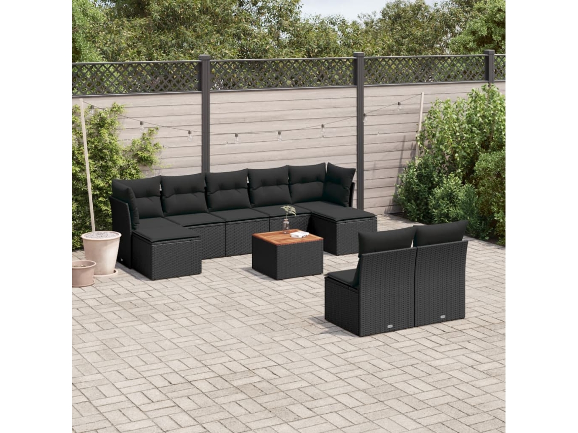 Vidaxl 10 Pcs Conjunto Sofás De Jardim C/ Almofadões Vime Pe Preto