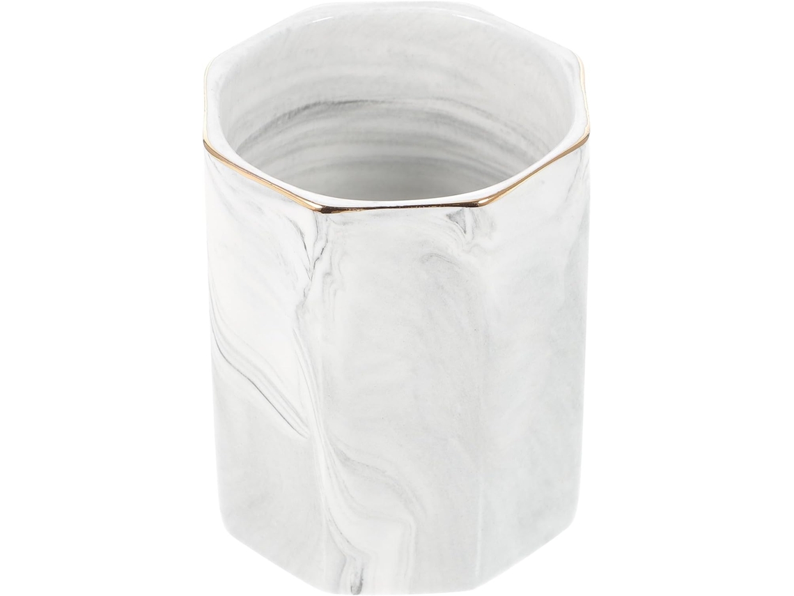 Organizador Genérico Hexagonal De Cerâmica Com Efeito Mármore E Acabamento Dourado, Porta Lápis De Mesa Com Capacidade