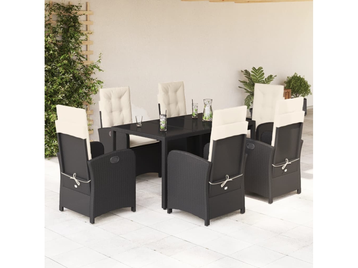 Vidaxl 7 Pcs Conjunto De Jantar P/ Jardim C/ Almofadões Vime Pe Preto