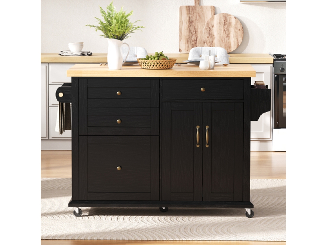 Ilha de cozinha móvel com rodas e mesa extensível, carrinho de cozinha com gavetas multifuncionais, ideal para cozinha e sala de jantar (preto)