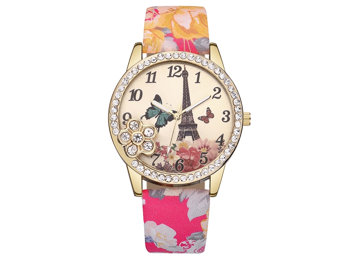 Relógio Feminino Vansvar Pulseira de Couro Pu Quartzo Strass Padrão Torre Eiffel Vermelho