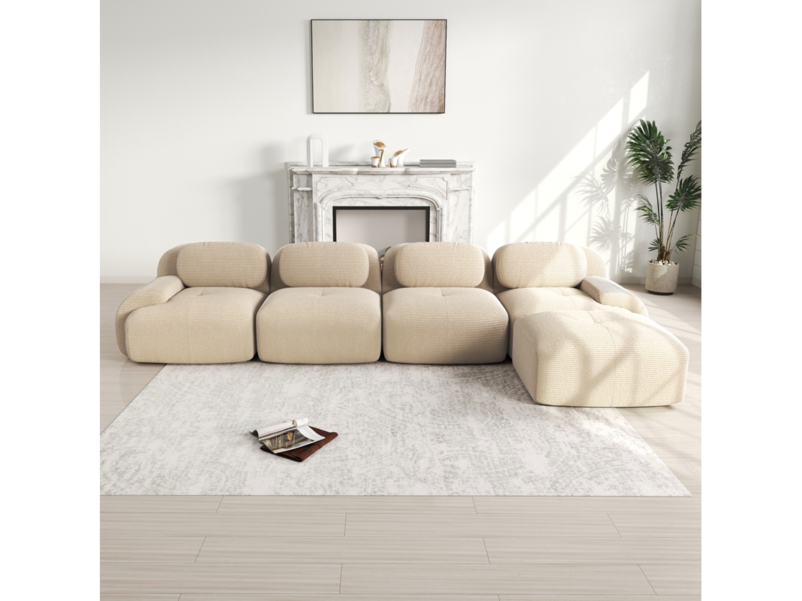 Sofá Canto 4l, Espuma 32d, Antiderrapante, Chaise, Braços Largos, Modular, Bege