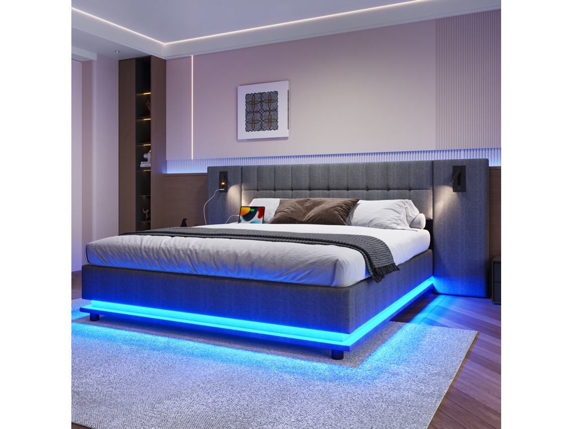 Polsterbett 180x200cm Led Spot Usb Leinen Grau Sem Colchão