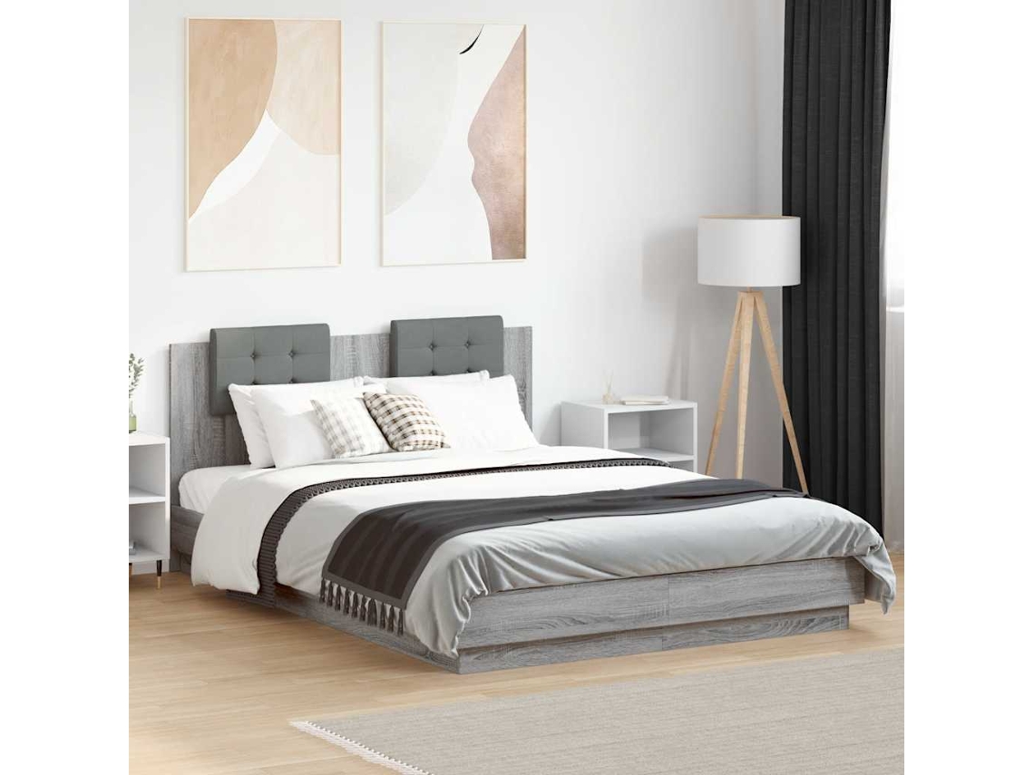 Vidaxl Estrutura De Cama C/ Cabeceira/luzes Led 150x200cm Cinza Sonoma