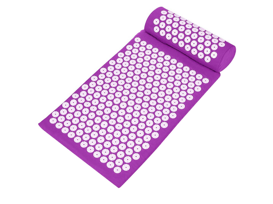 Tapete de massagem com pontos de acupressão e almofada para alívio do estresse e da dor.