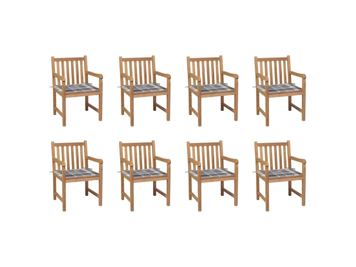 Cadeiras De Jardim Almofadões Xadrez Cinzento 8 Pcs Teca Maciça Dkd Home Decor