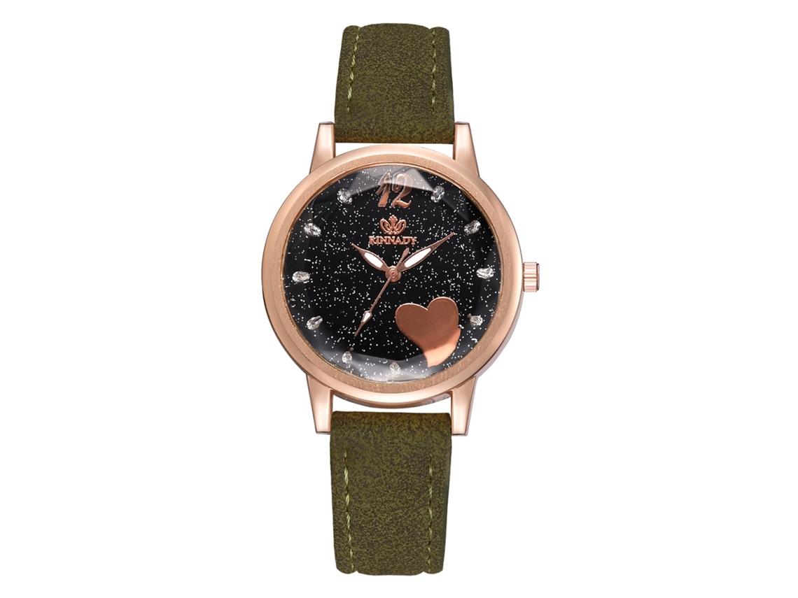 Relógio Feminino de Moda com Pulseira de Couro Pu e Mostrador de Céu Estrelado com Cristais (verde Escuro)