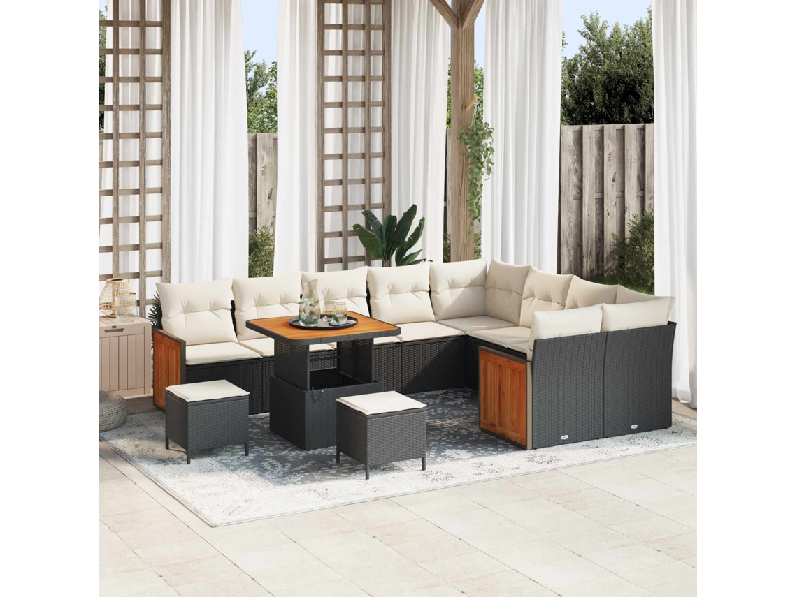 Vidaxl Conjunto De Sofá De Jardim Com Almofada 12 Pcs Preto E Creme
