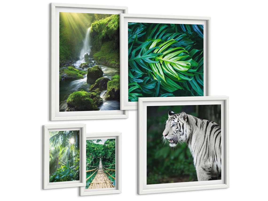Galeria De Pinturas Murais Selva, Tigre, Cachoeira Moldura Branca Pinturas De Quarto Espelharte (conjunto De 5 Imagens)
