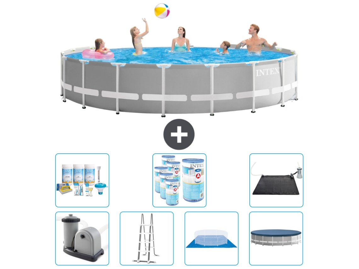 Piscina INTEX Round Prism Frame 548 X 122 Cm Cinza Inclui Bomba Escada Lençol Cobertura Pacote de Manutenção Filtros Tapete Solar