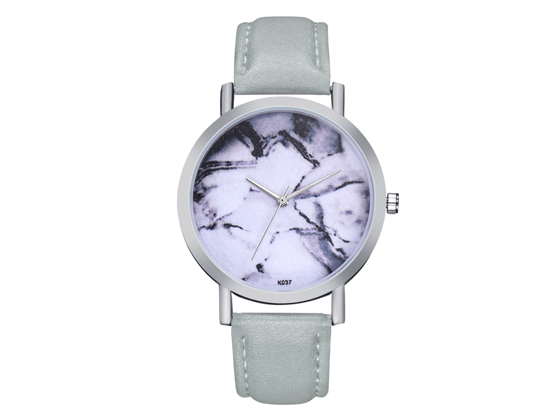 Relógio de pulso feminino Zhoulianfa, mostrador de mármore, prateado, pulseira de couro PU, movimento de quartzo redondo