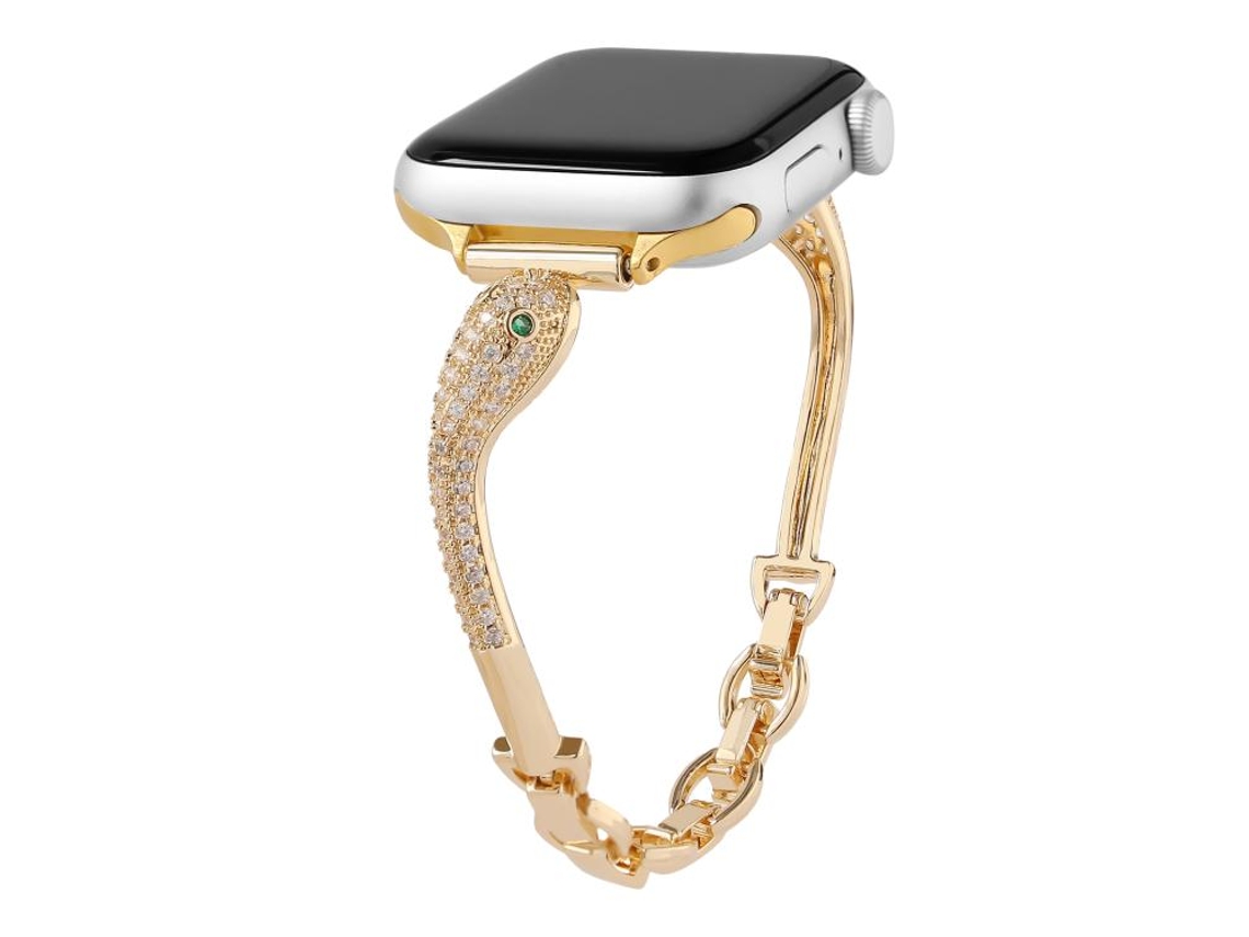 Bracelete Para Apple Watch 46/49/45/44mm - Cobre Com Cabeça De Cobra E Zircônia Incrustada Dourada