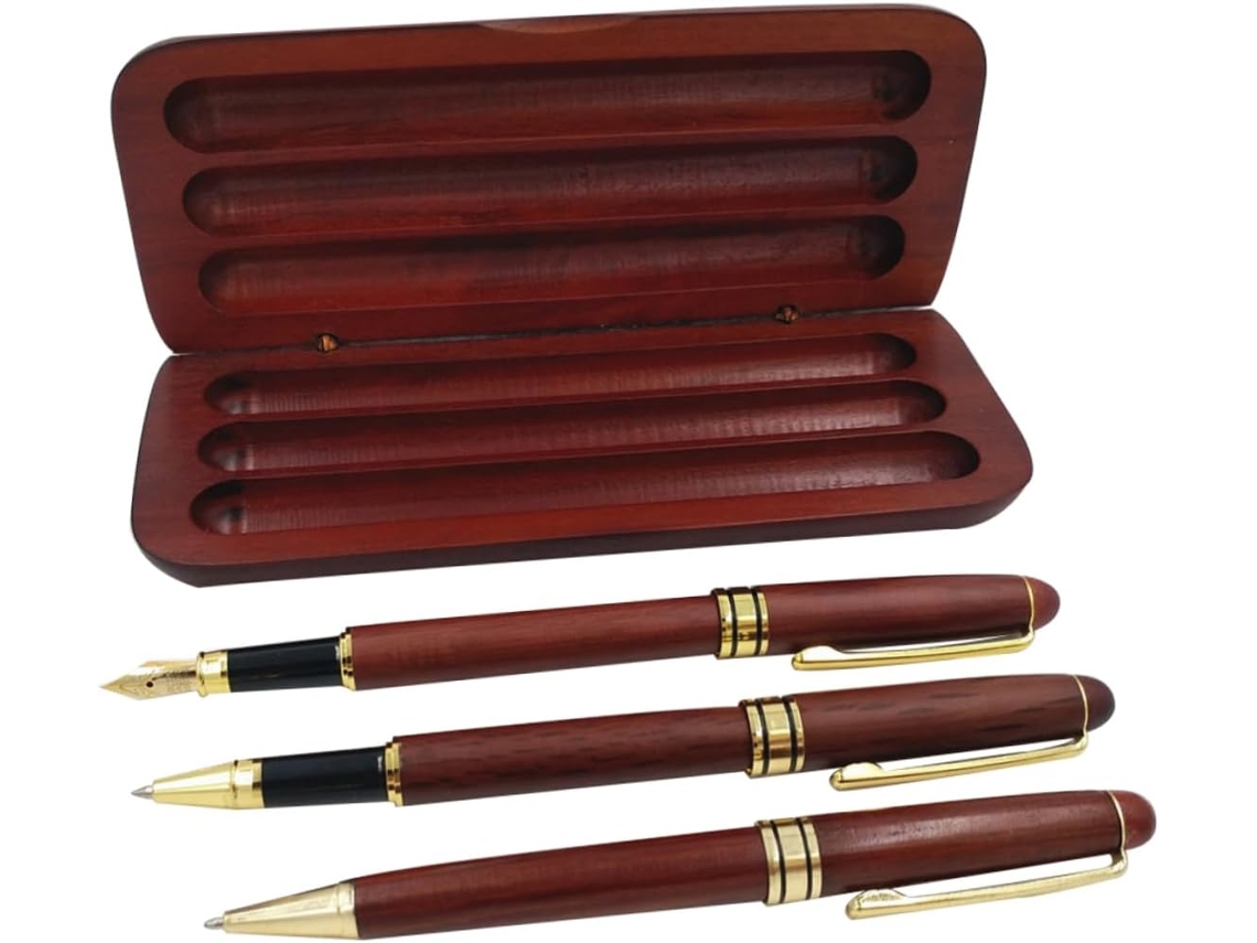 Conjunto De 3 Canetas Com Estojo Madeira Bordo: Esferográficas,
