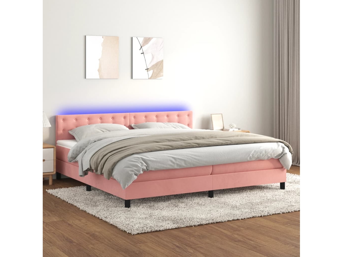 Vidaxl Cama Box Spring C/ Colchão/led 200x200 Cm Veludo Rosa