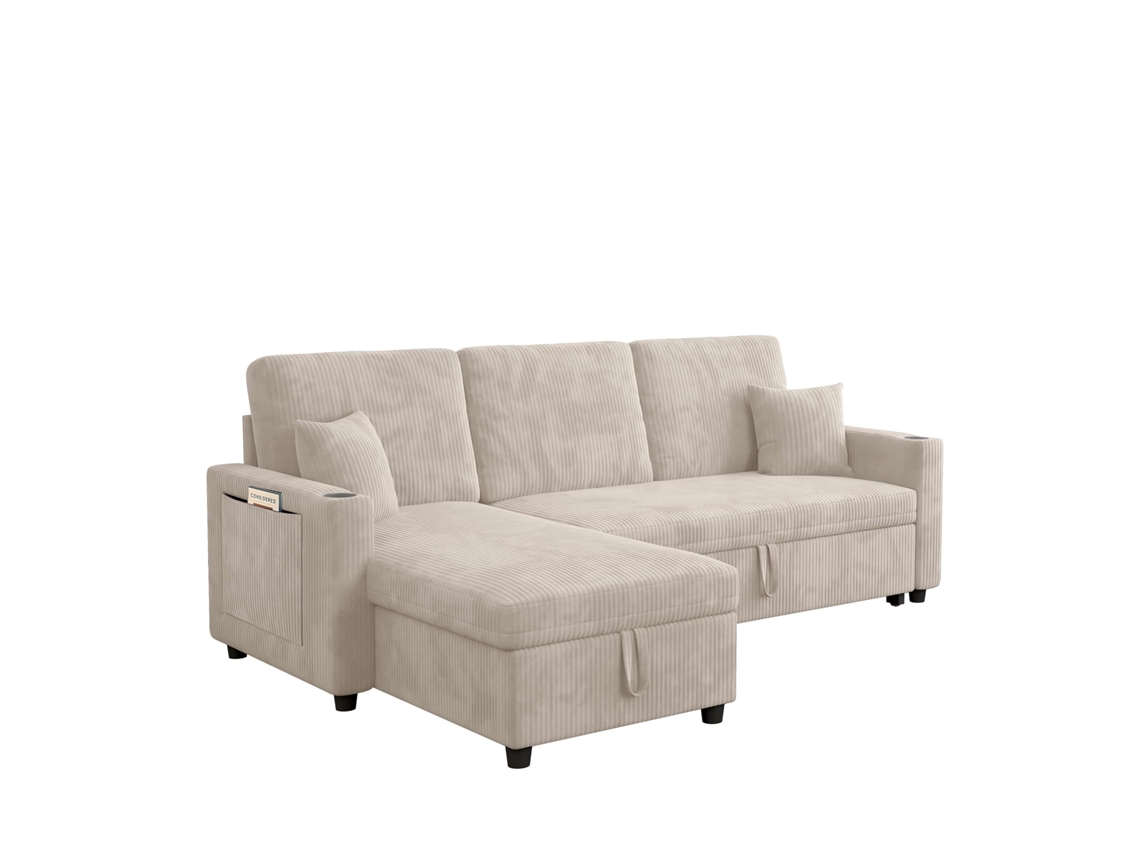 Sofá-cama De Canto De 3 Lugares - Modular Com Chaise Longue, Espaço De Arrumação E Função De Cama - Bege