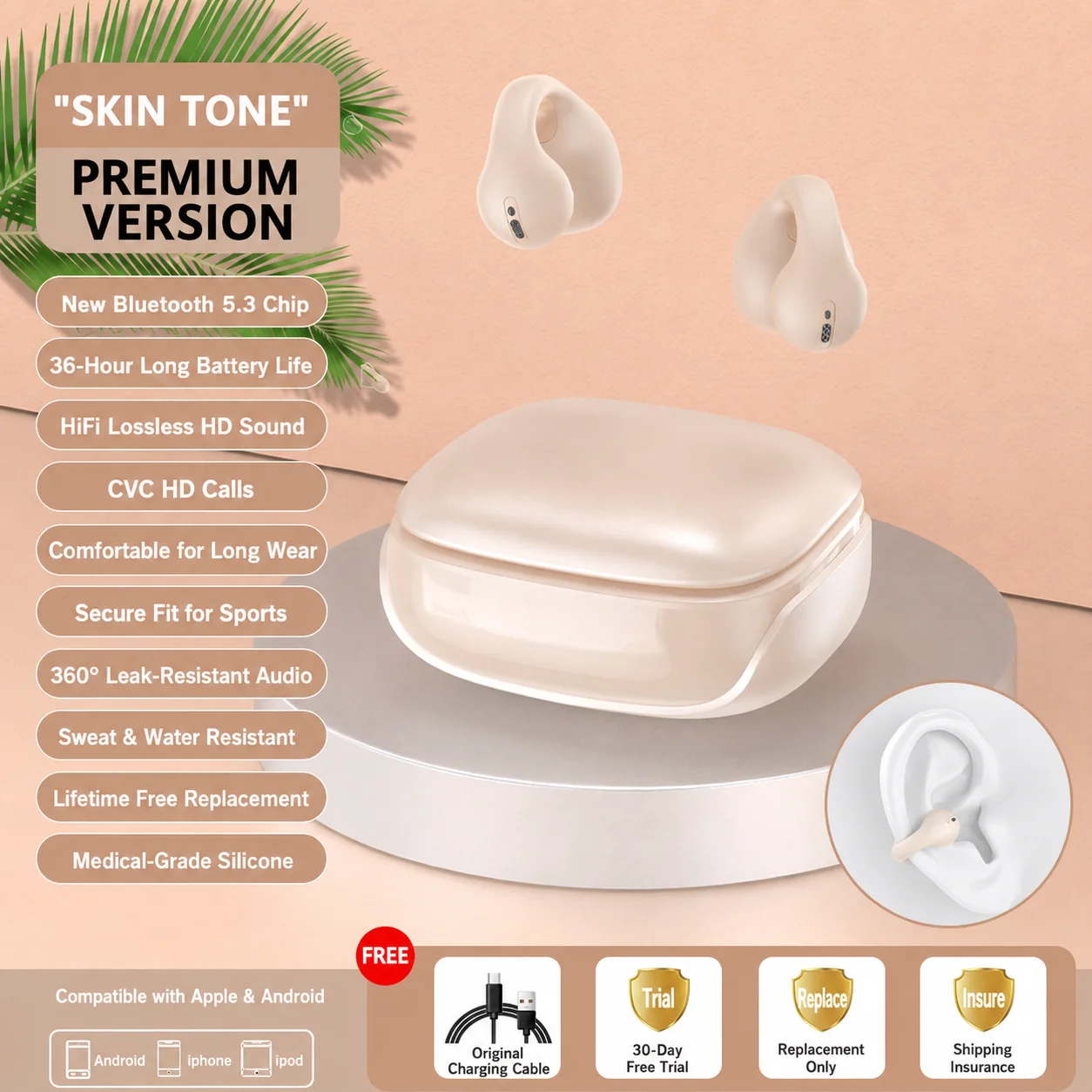 Fones de ouvido Bluetooth com clipe, condução aérea (Tom De Pele), Bluetooth 5.3, bateria de longa duração.