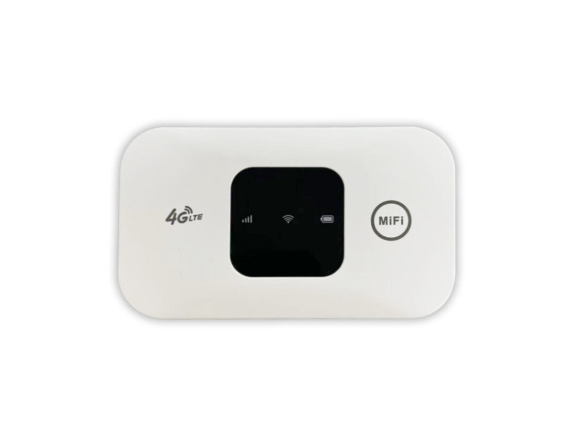Roteador portátil Wi-Fi 4G LTE MF800 branco, com slot para cartão SIM, hotspot móvel de 150 Mbps e porta USB de bolso.