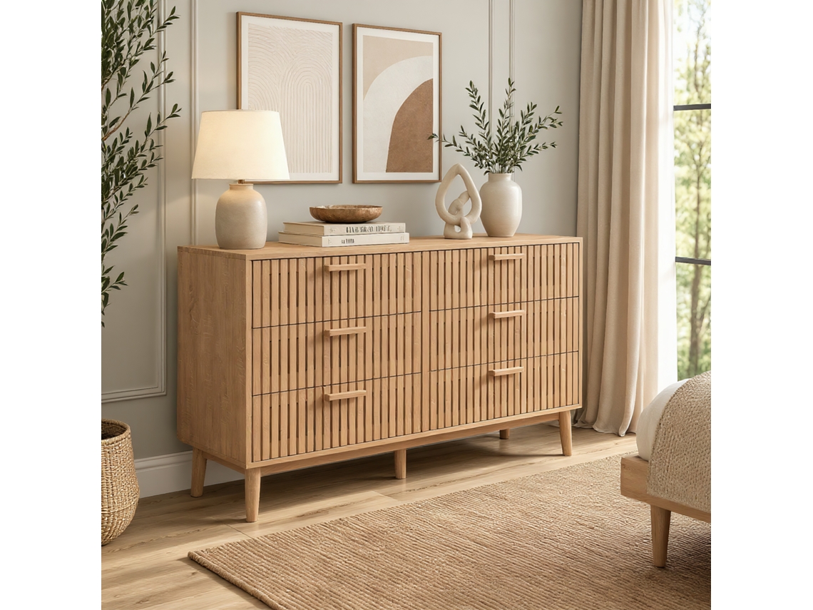 Cómoda com 6 gavetas 100x34x73, móvel de arrumação em efeito madeira canelado, aparador com ripas verticais para quarto, sala, vários tons de madeira