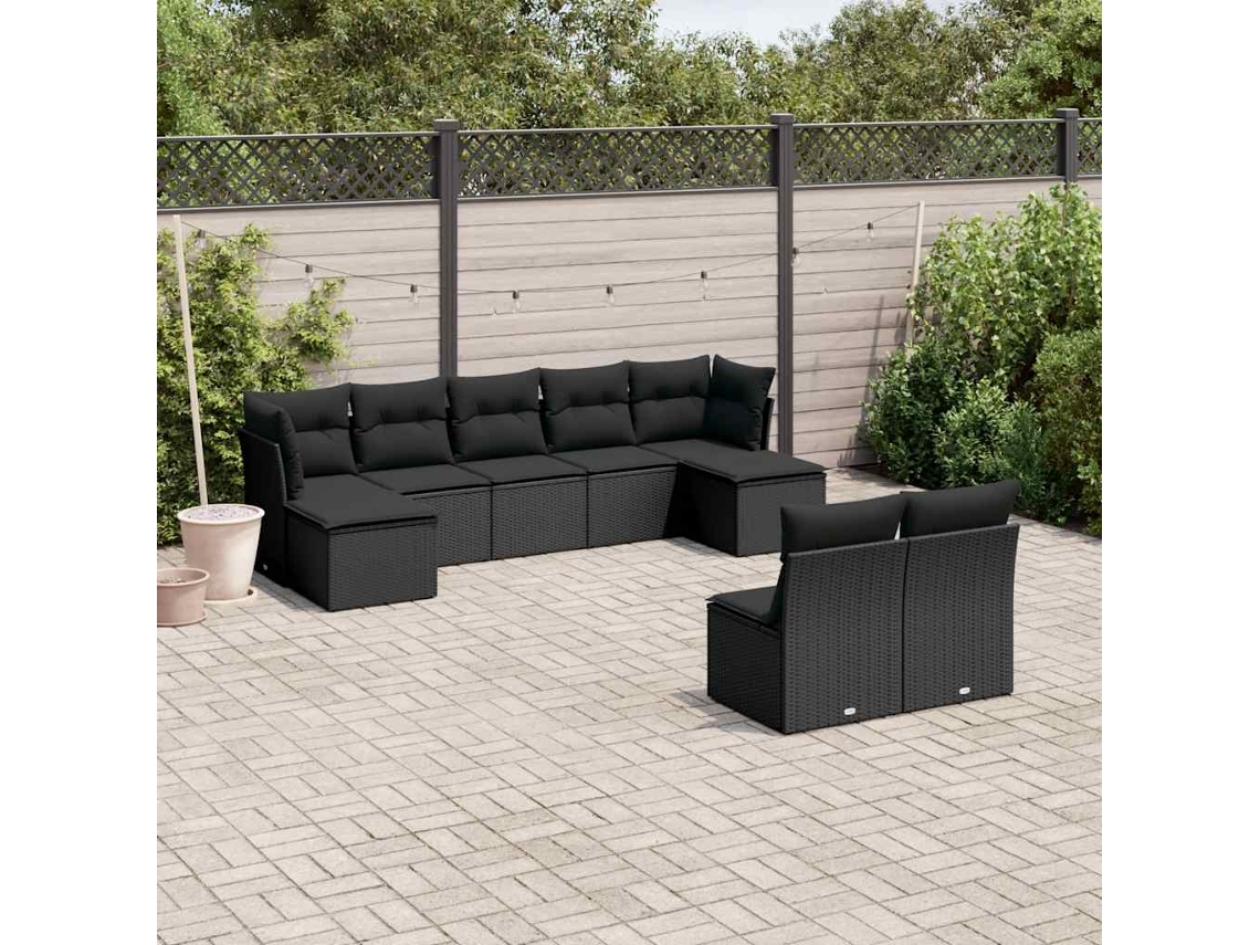 Vidaxl 9 Pcs Conjunto De Sofás P/ Jardim C/ Almofadões Vime Pe Preto