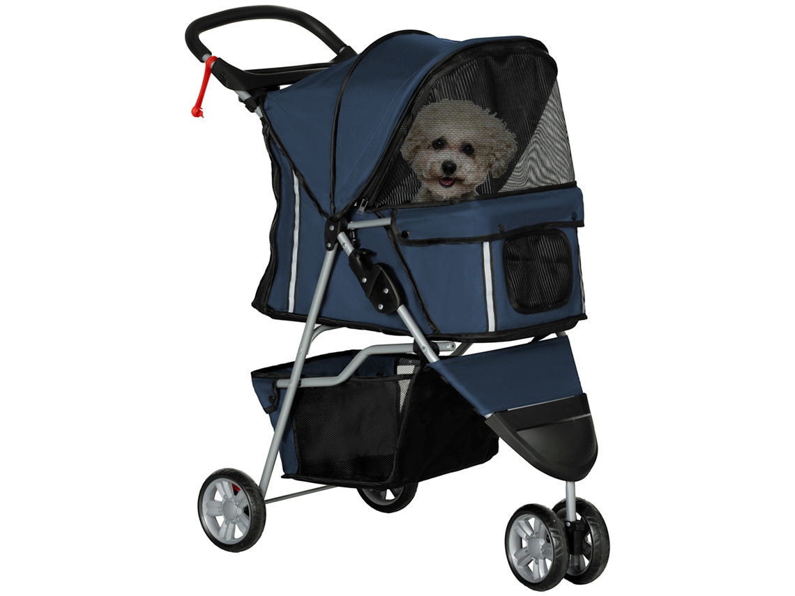Carrinho Pet Dobrável E Gatos, Rodas Giratórias, Cesto E Suporte Para Copos, 75x45x97 Cm, Azul Escuro