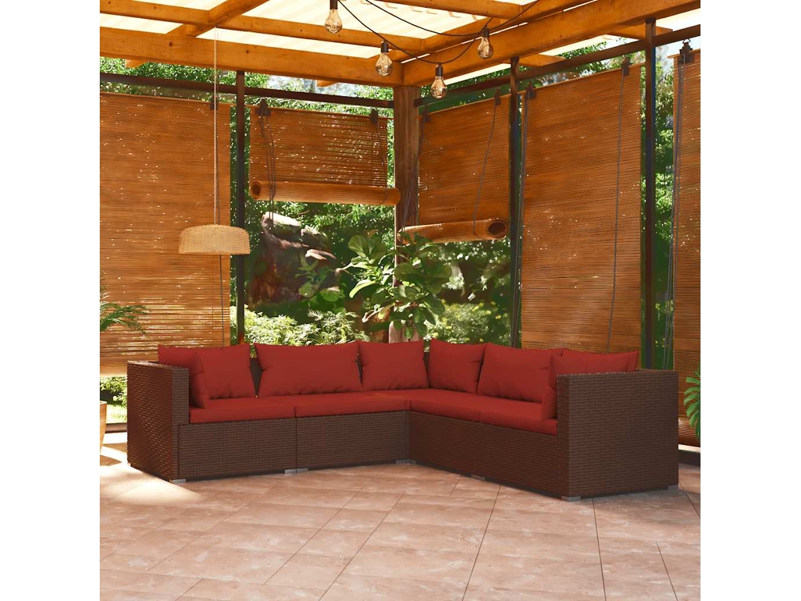 Vidaxl 5 Pcs Conjunto Lounge Jardim C/ Almofadões Vime Pe Castanho