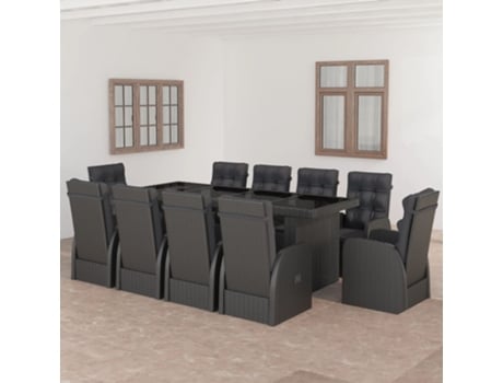 11 Pcs Conjunto Jantar Exterior com Almofadas Vime Pe Preto COMFORTXL
