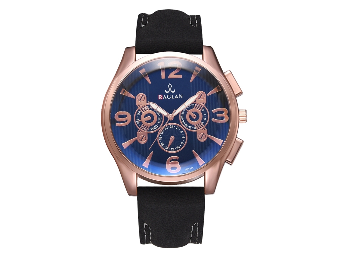 Relógio de Pulso Masculino de Quartzo com Pulseira de Couro Pu Mostrador Azul