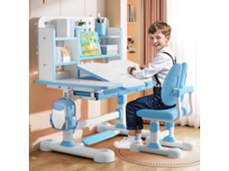 Escrivaninha Infantil Com Cadeira, Altura Ajustável, Mesa Inclinável 0‑50°, Mdf E Metal, Grande Espaço De Escrita E Armazenamento, Ergonómica, Azul