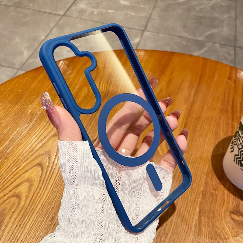 (azul Escuro S25 Ultra) Capa Protetora Para Carregamento Sem Fio Magsafe Com Moldura Magnética Transparente À Prova De Choque