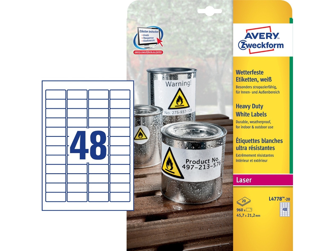 Etiqueta de impressora branca autoadesiva AVERY L4778-20