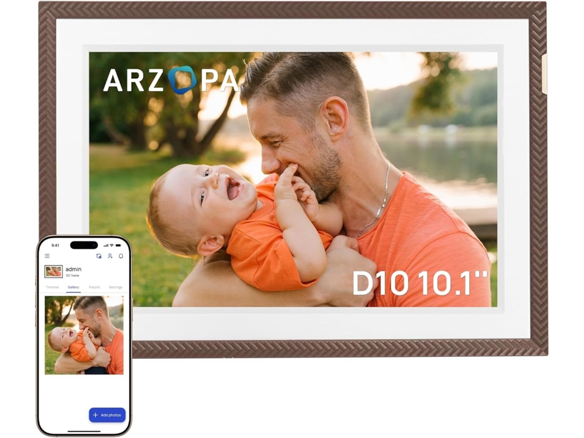Porta-retratos Digital Arzopa D10 Wifi 10,1 Polegadas 1280x800 Ecrã Táctil Partilhar Fotos Castanho