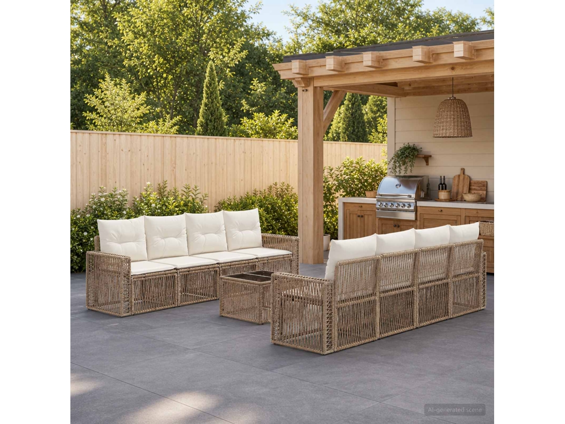 Vidaxl Conjunto De Sofá De Jardim 9 Unid. Bege Vime Pe