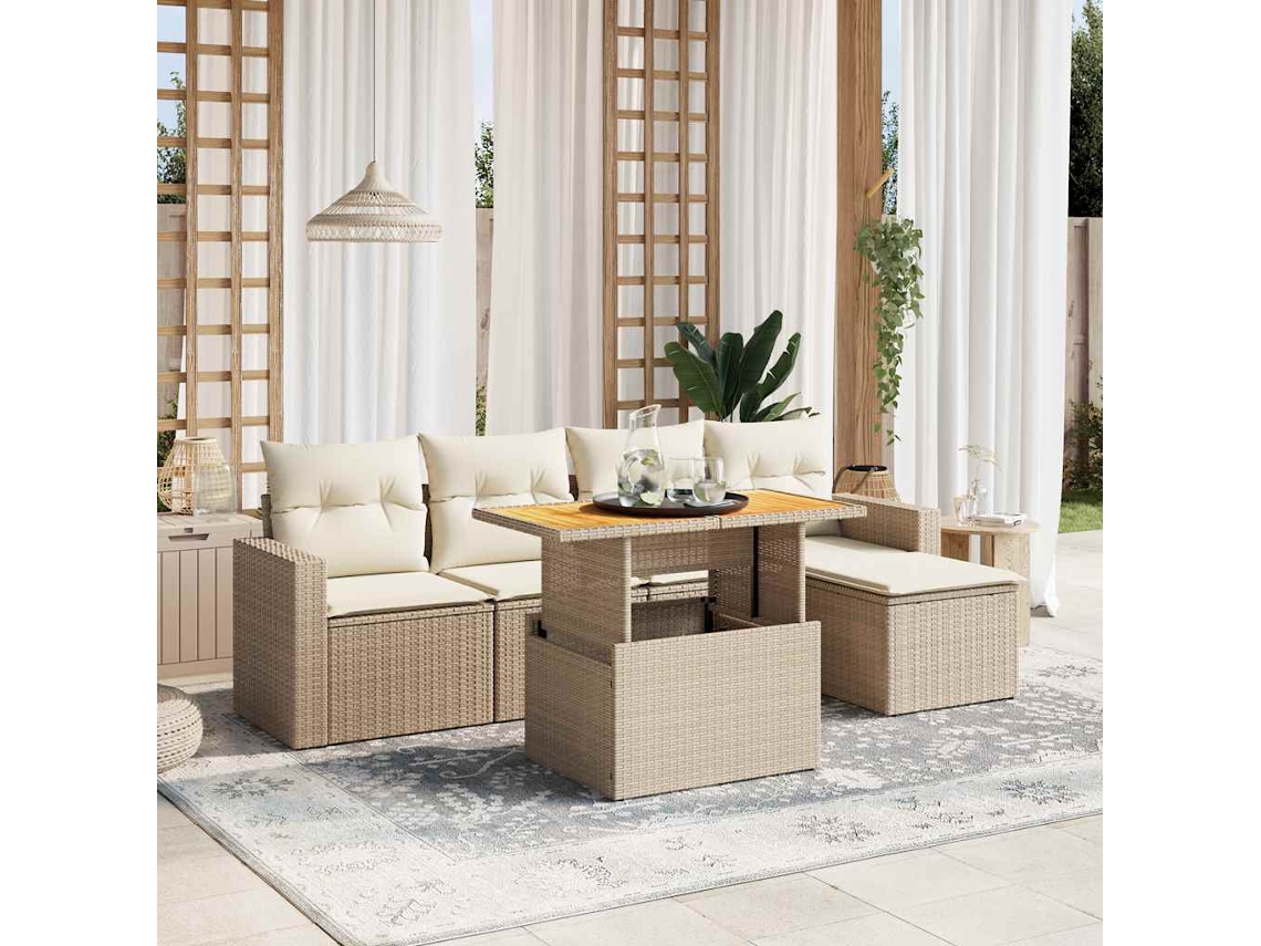 Vidaxl 6 Pcs Conjunto De Sofás P/ Jardim Com Almofadões Vime Pe Bege