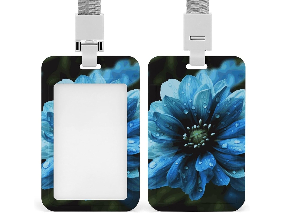 Suporte para Crachá Azul com Estampa Floral, Protetor Vertical para Crachá com Cordão, Revestimento Plástico Impermeável, Estojo