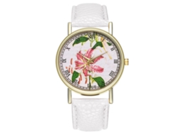 Relógio Analógico de Quartzo Unissex com Pulseira Pu Mostrador Floral Branco