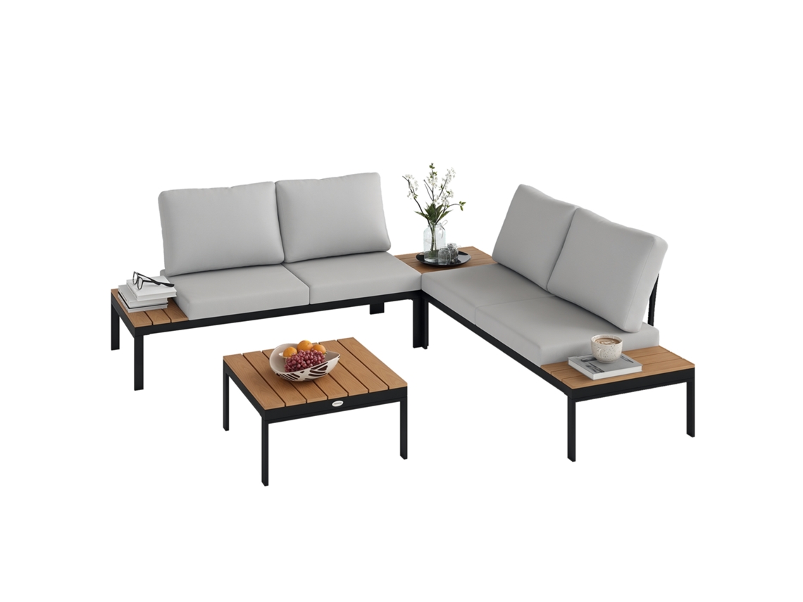 Conjunto de jardim 4 peças em metal e madeira composta em Cinza e Preto Teca com 2 sofás de 2 lugares e 2 mesas centro | S/MARCA