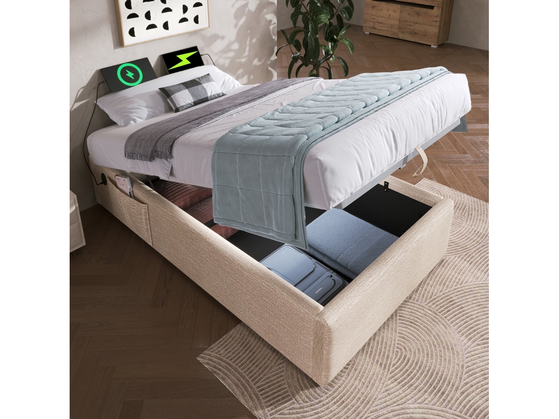 Cama 90x190cm Lin, Elevação Hidráulica, Usb c, Estrado Maciço, Sem Colchão, Sem Cabeceira, Natural KOMHTOM
