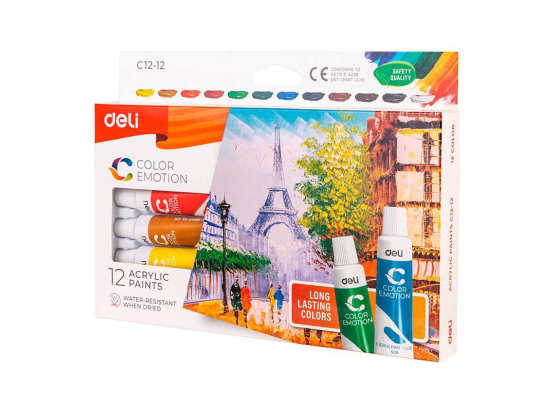 DELI Tinta Acrílica Color Emotion 12 Ml X 12 Tubos Sortido Brilhante