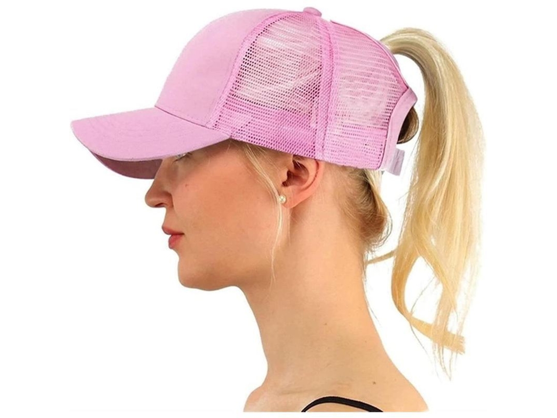 Boné de beisebol unissex 2026 com tela em formato de rabo de cavalo para uso externo, rosa.