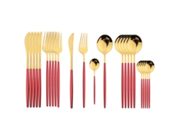 Conjunto de Talheres de Aço Inoxidável com 24 Peças, Incluindo Faca, Colher e Garfo. MDUG (vermelho e Dourado)